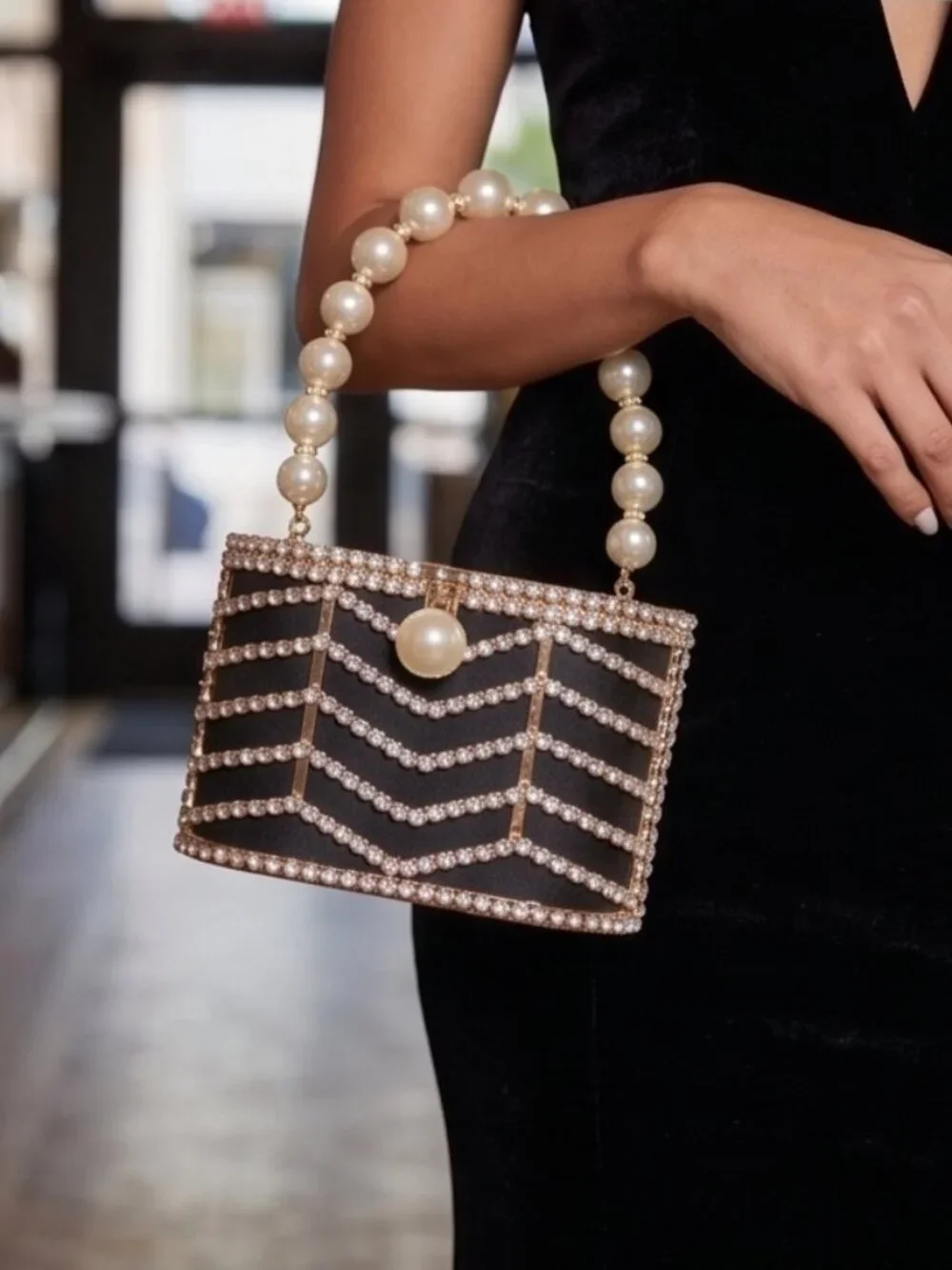 Glam Rhinestone & Pearl Cage Clutch Bag NWT Evening Purse